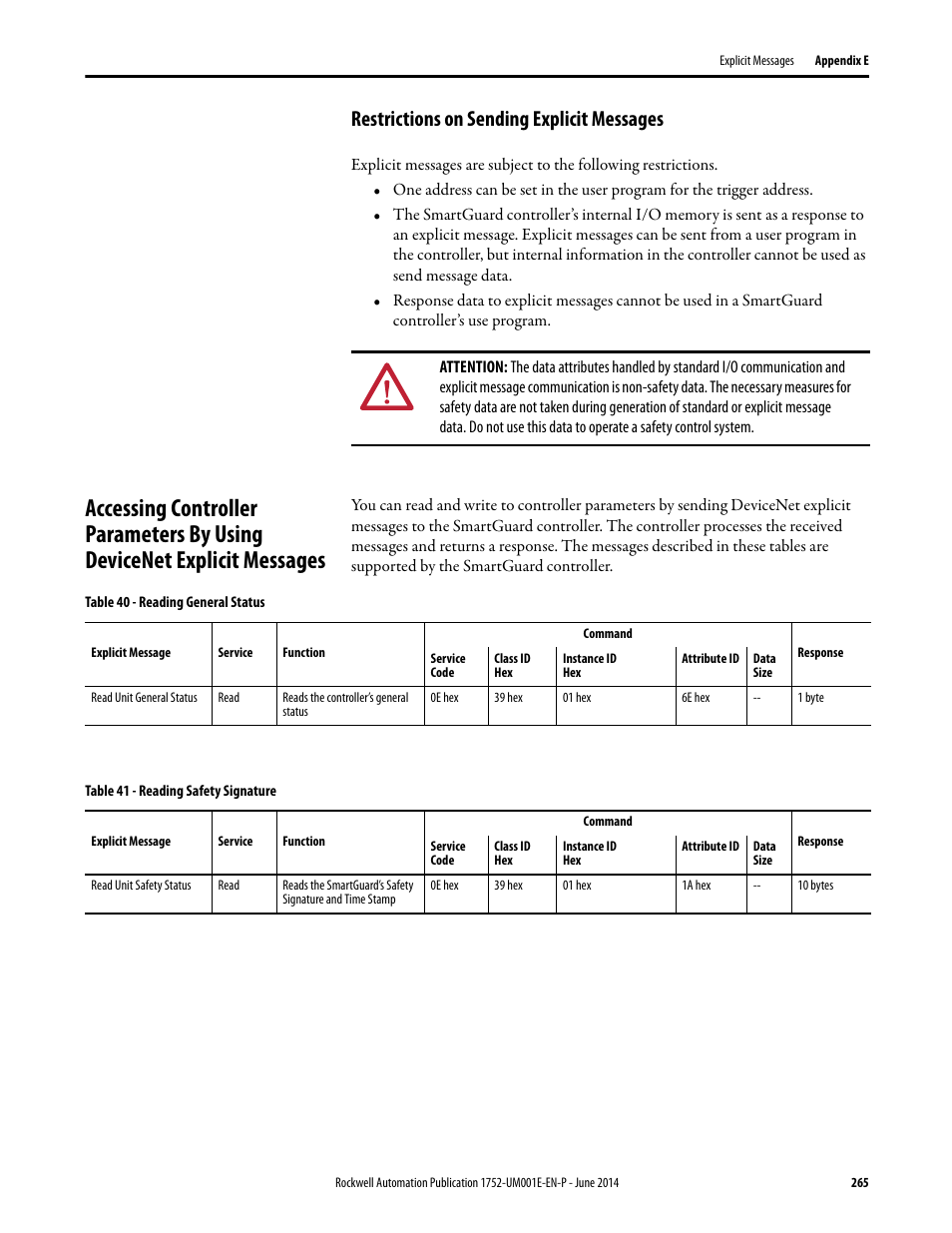 Restrictions on sending explicit messages | Rockwell Automation 1752-L24BBBE SmartGuard 600 Controllers User Manual User Manual | Page 265 / 290