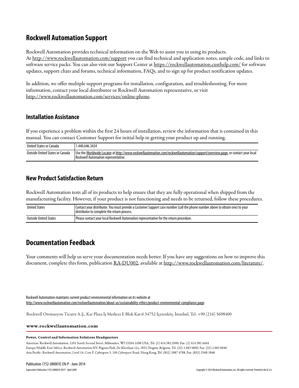 Back cover, Rockwell automation support, Documentation feedback | Installation assistance, New product satisfaction return | Rockwell Automation 1752-L24BBBE SmartGuard 600 Controllers User Manual User Manual | Page 290 / 290