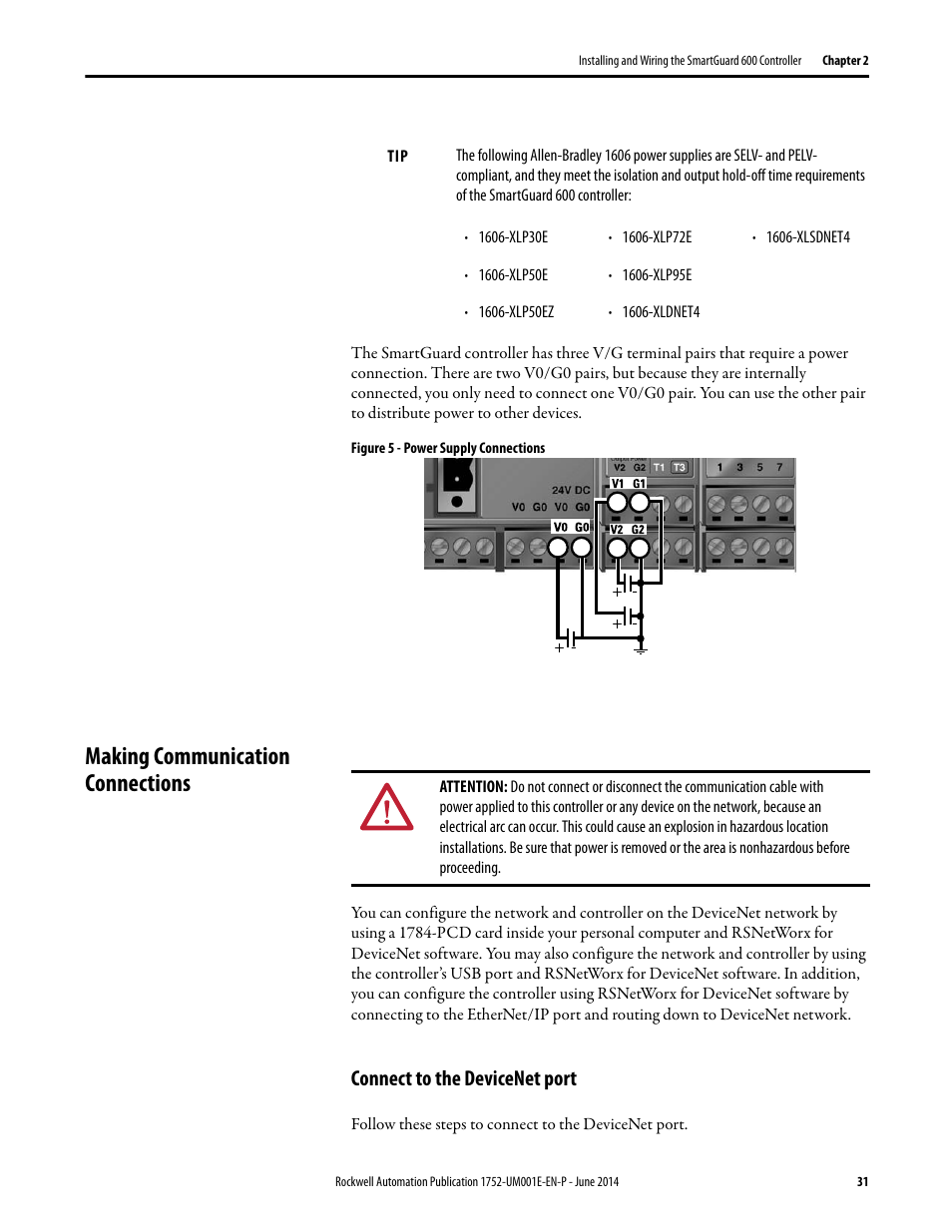 Making communication connections, Connect to the devicenet port | Rockwell Automation 1752-L24BBBE SmartGuard 600 Controllers User Manual User Manual | Page 31 / 290