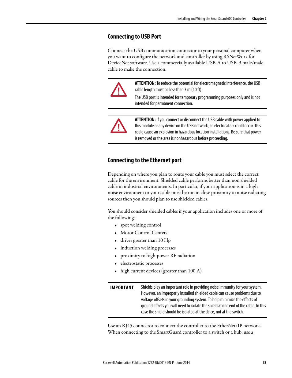 Connecting to usb port, Connecting to the ethernet port | Rockwell Automation 1752-L24BBBE SmartGuard 600 Controllers User Manual User Manual | Page 33 / 290