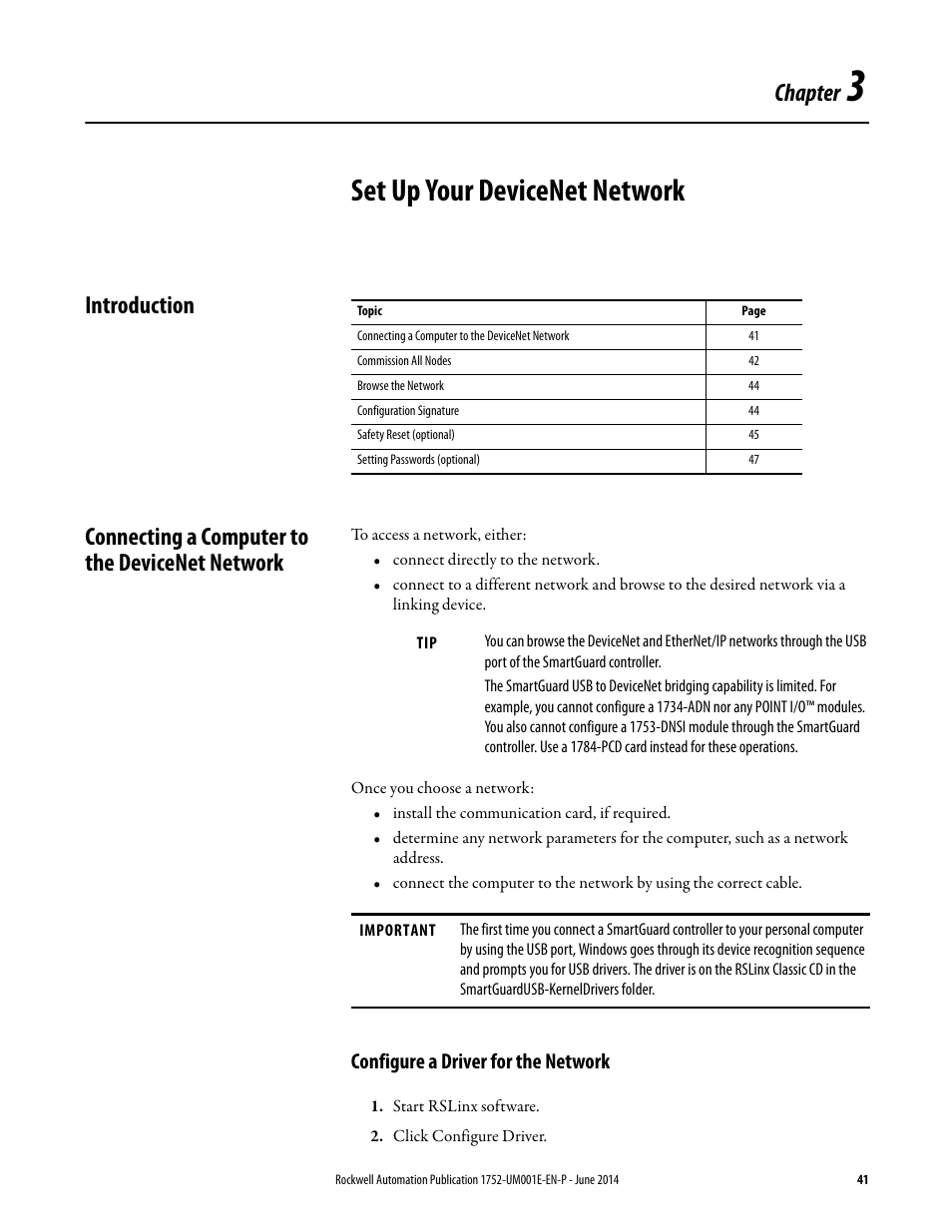 3 - set up your devicenet network, Introduction, Connecting a computer to the devicenet network | Configure a driver for the network, Chapter 3, Set up your devicenet network, Chapter | Rockwell Automation 1752-L24BBBE SmartGuard 600 Controllers User Manual User Manual | Page 41 / 290
