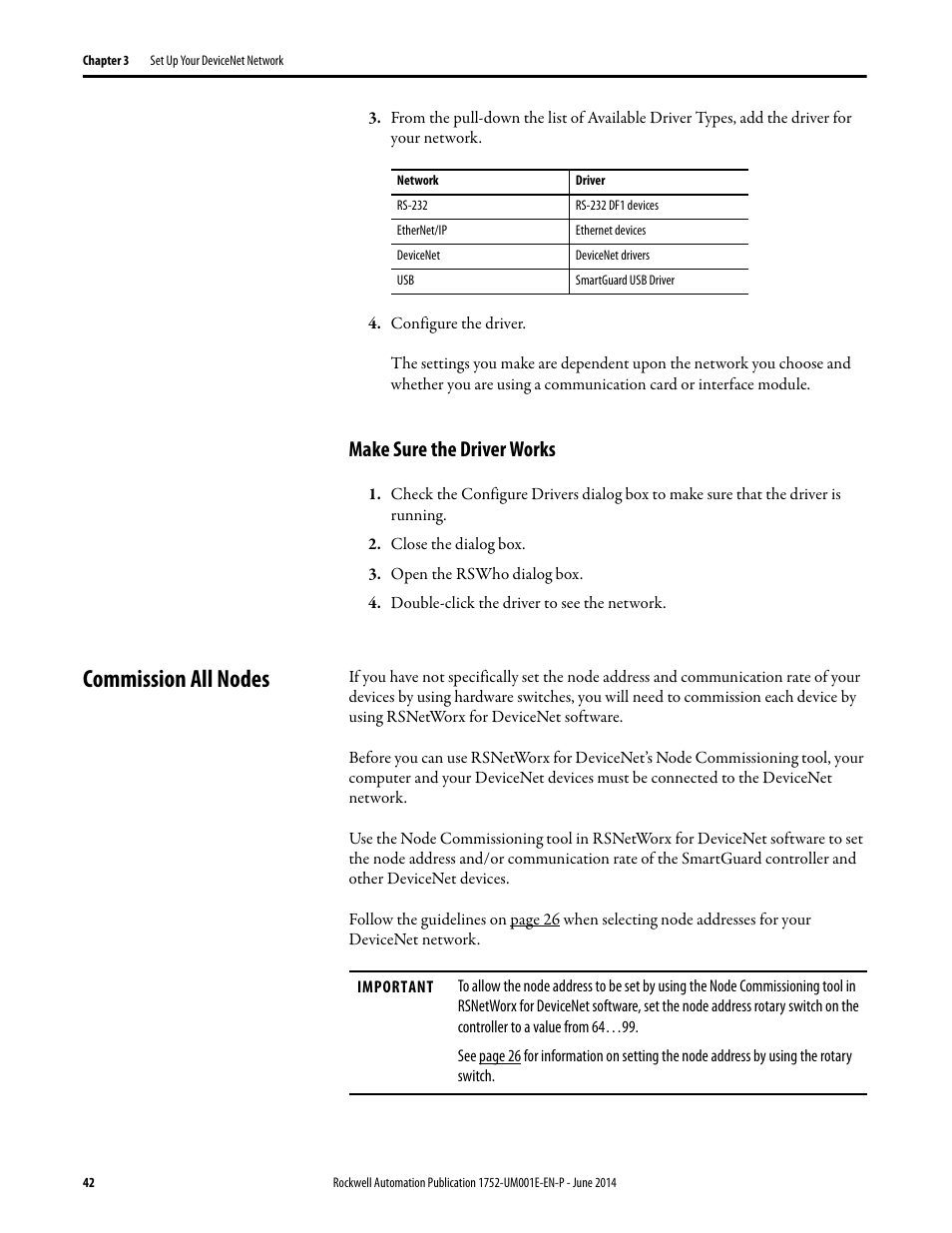 Make sure the driver works, Commission all nodes | Rockwell Automation 1752-L24BBBE SmartGuard 600 Controllers User Manual User Manual | Page 42 / 290