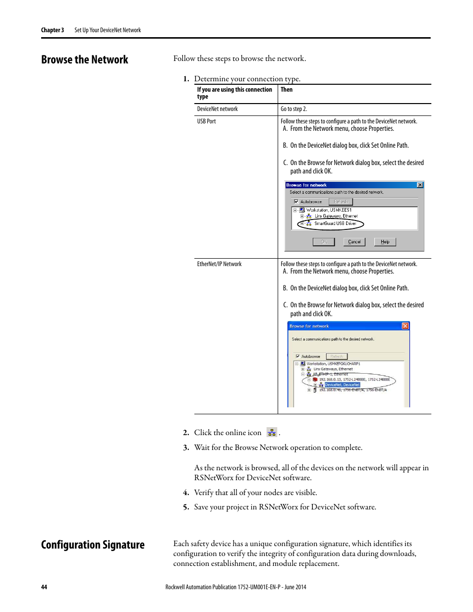 Browse the network, Configuration signature | Rockwell Automation 1752-L24BBBE SmartGuard 600 Controllers User Manual User Manual | Page 44 / 290