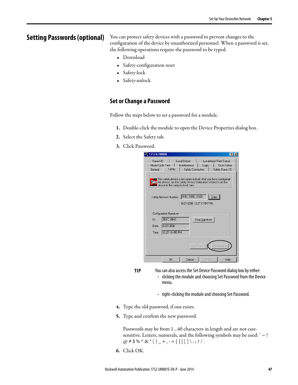 Setting passwords (optional), Set or change a password | Rockwell Automation 1752-L24BBBE SmartGuard 600 Controllers User Manual User Manual | Page 47 / 290