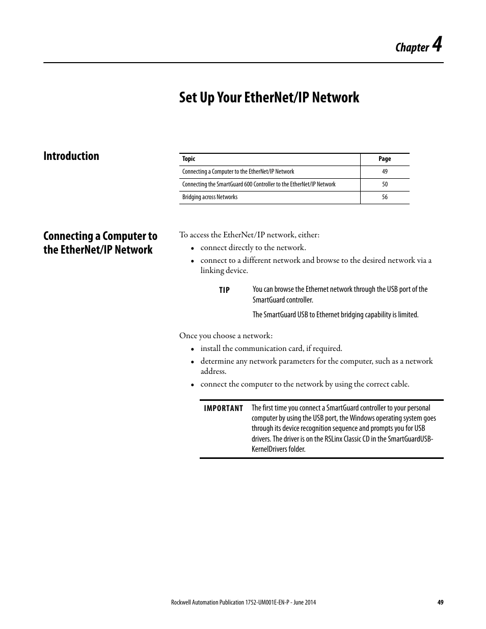 4 - set up your ethernet/ip network, Introduction, Connecting a computer to the ethernet/ip network | Chapter 4, Set up your ethernet/ip network, Chapter | Rockwell Automation 1752-L24BBBE SmartGuard 600 Controllers User Manual User Manual | Page 49 / 290
