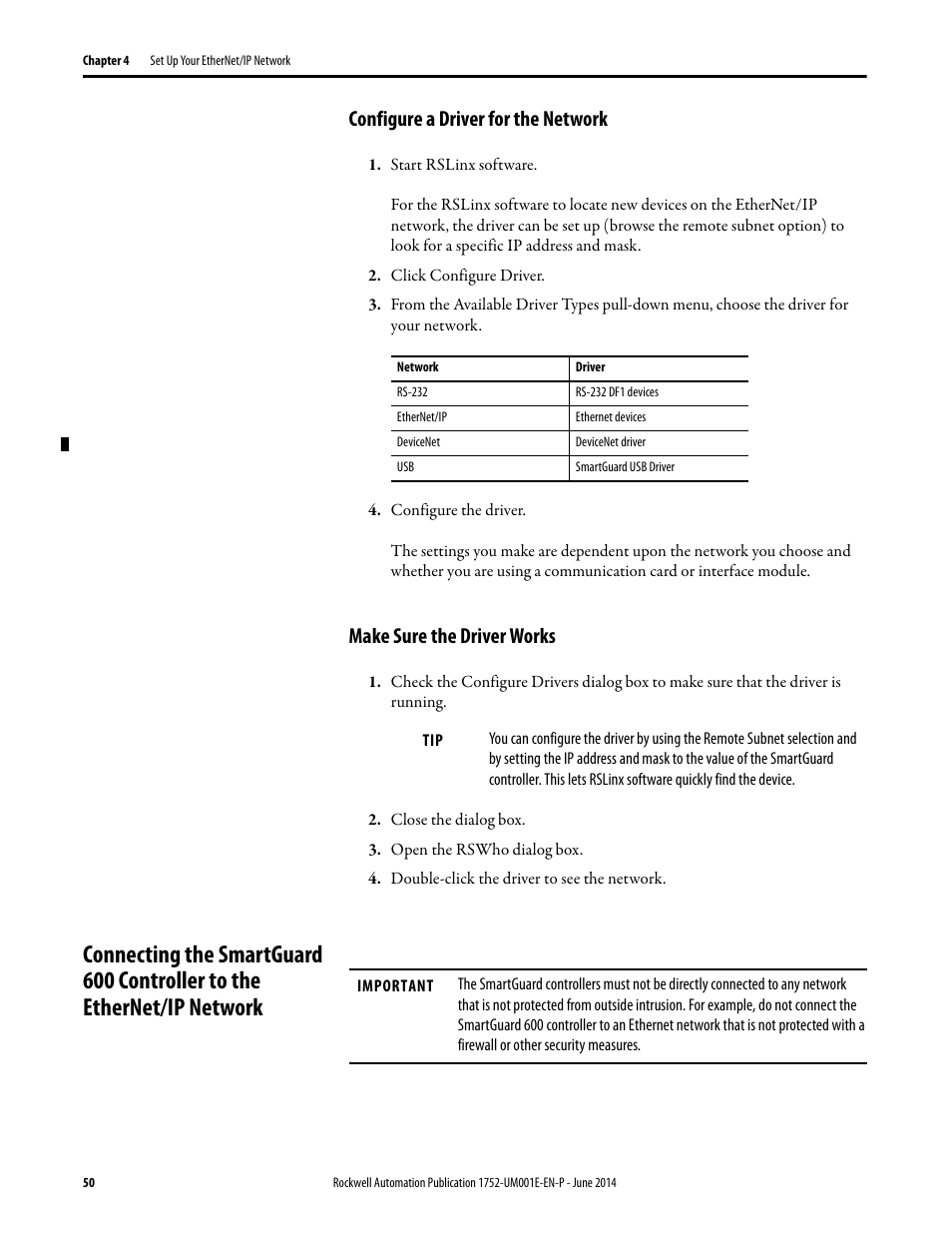 Configure a driver for the network, Make sure the driver works | Rockwell Automation 1752-L24BBBE SmartGuard 600 Controllers User Manual User Manual | Page 50 / 290