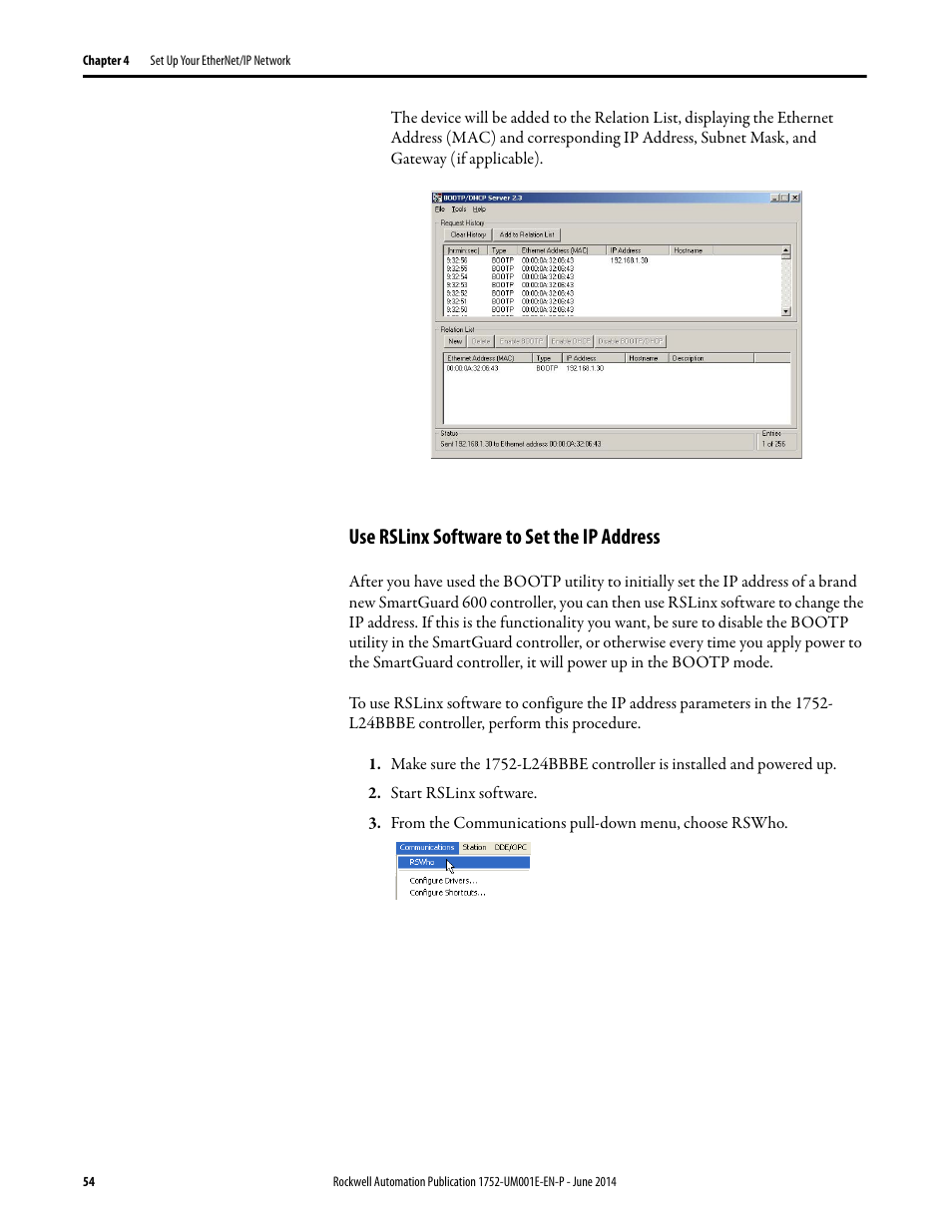 Use rslinx software to set the ip address | Rockwell Automation 1752-L24BBBE SmartGuard 600 Controllers User Manual User Manual | Page 54 / 290
