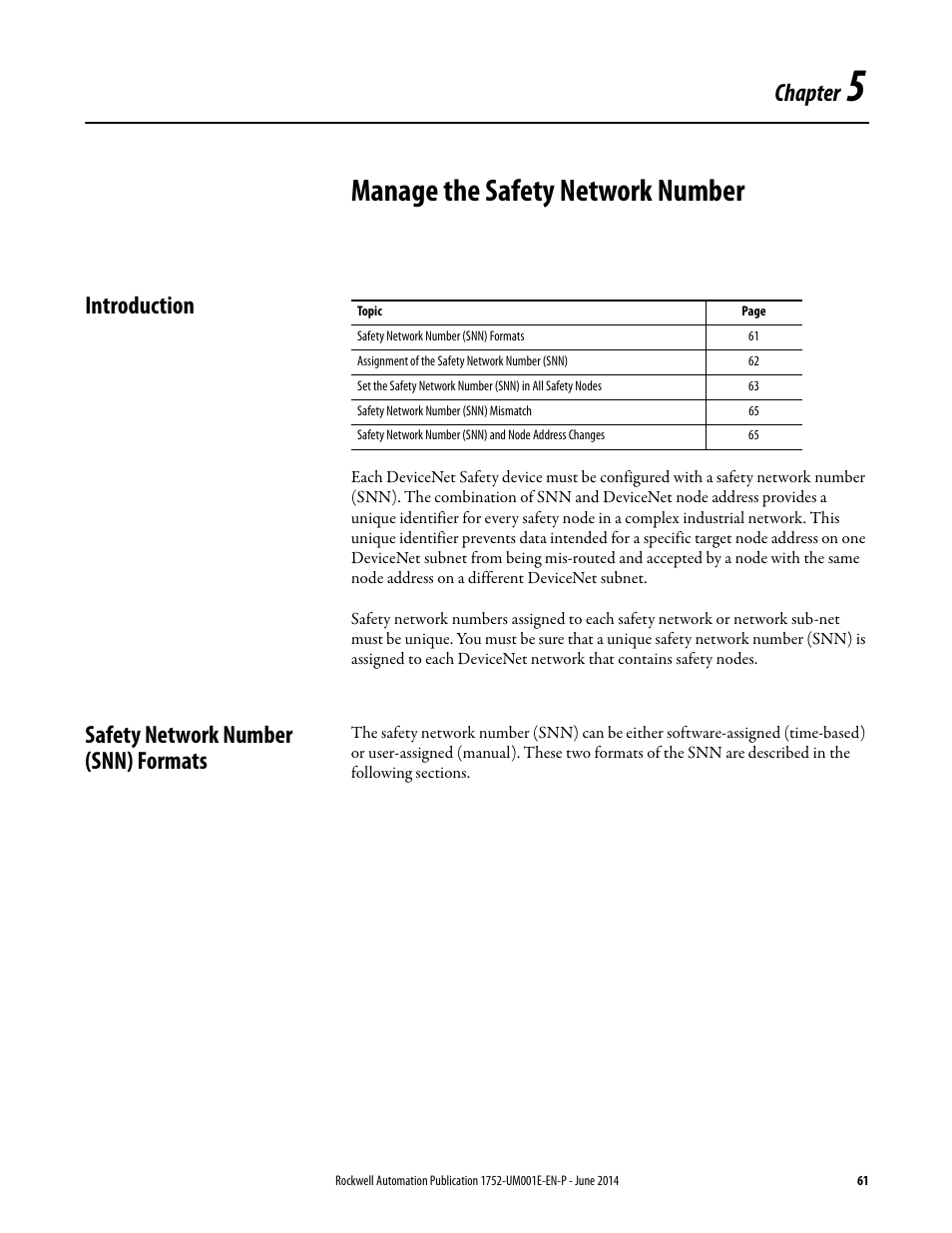 5 - safety network number, Introduction, Safety network number (snn) formats | Chapter 5, Manage the safety network number, Introduction safety network number (snn) formats, Chapter | Rockwell Automation 1752-L24BBBE SmartGuard 600 Controllers User Manual User Manual | Page 61 / 290