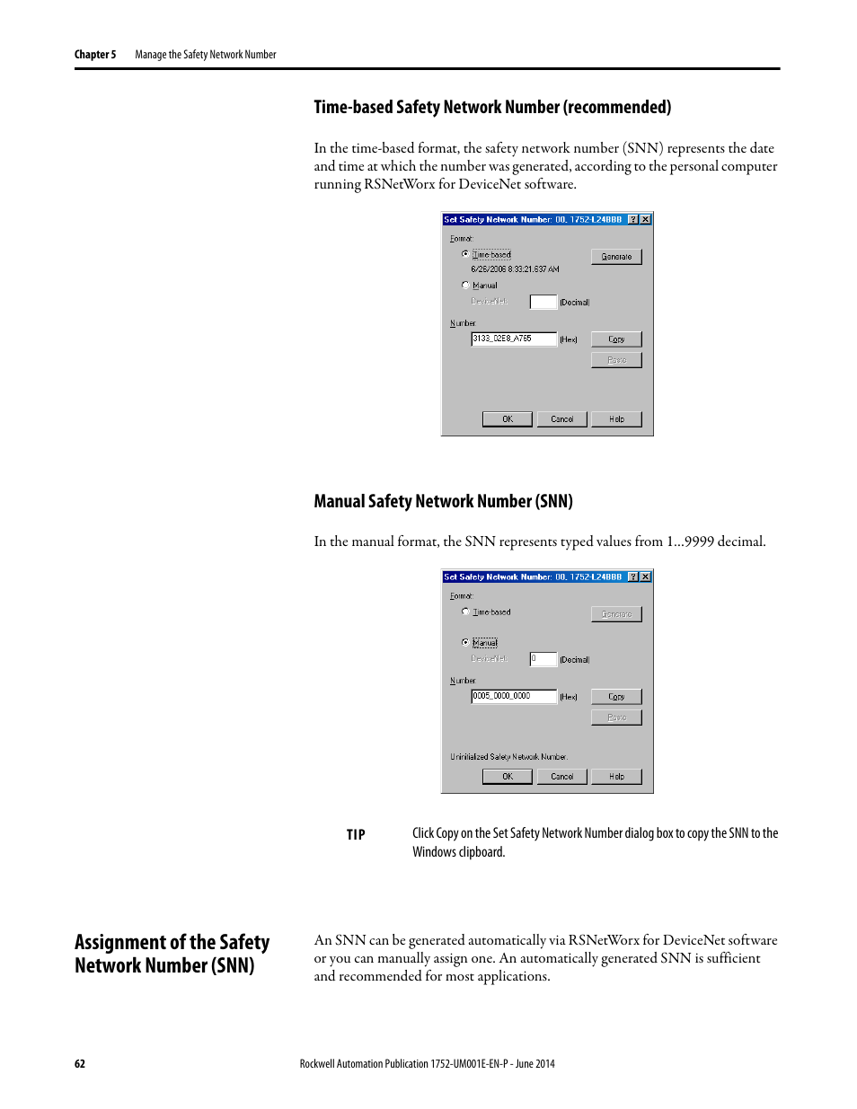 Time-based safety network number (recommended), Manual safety network number (snn), Assignment of the safety network number (snn) | Rockwell Automation 1752-L24BBBE SmartGuard 600 Controllers User Manual User Manual | Page 62 / 290