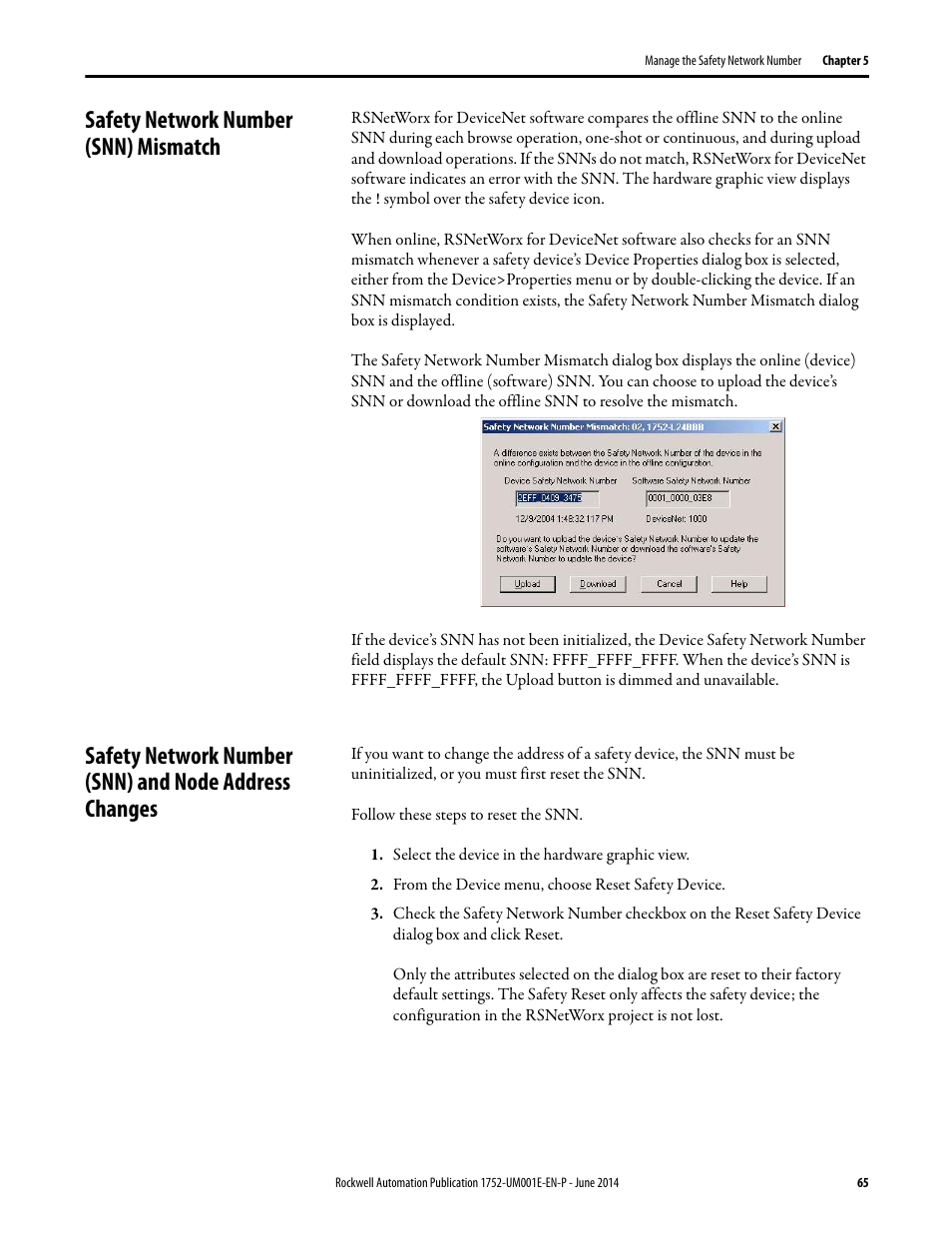 Safety network number (snn) mismatch | Rockwell Automation 1752-L24BBBE SmartGuard 600 Controllers User Manual User Manual | Page 65 / 290