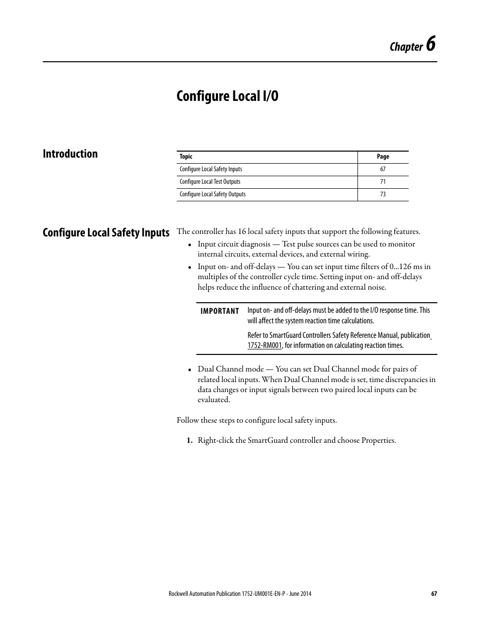 6 - configure local i/o, Introduction, Configure local safety inputs | Chapter 6, Configure local i/o, Introduction configure local safety inputs, Chapter | Rockwell Automation 1752-L24BBBE SmartGuard 600 Controllers User Manual User Manual | Page 67 / 290