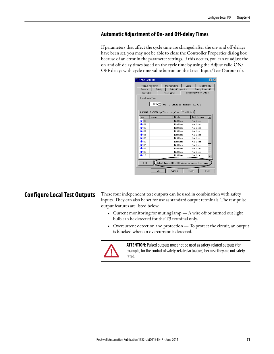 Automatic adjustment of on- and off-delay times, Configure local test outputs | Rockwell Automation 1752-L24BBBE SmartGuard 600 Controllers User Manual User Manual | Page 71 / 290