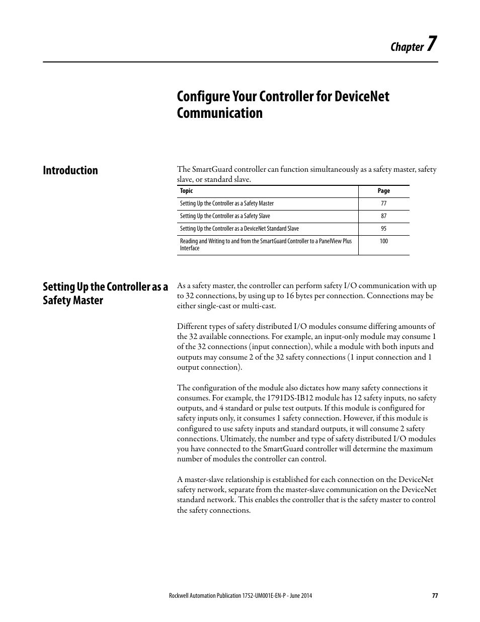 Introduction, Setting up the controller as a safety master, Chapter 7 | Chapter | Rockwell Automation 1752-L24BBBE SmartGuard 600 Controllers User Manual User Manual | Page 77 / 290