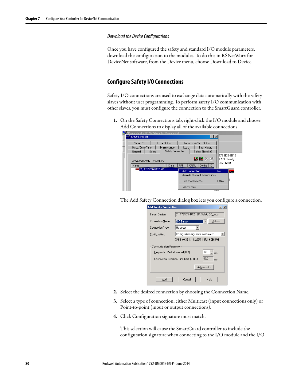 Configure safety i/o connections | Rockwell Automation 1752-L24BBBE SmartGuard 600 Controllers User Manual User Manual | Page 80 / 290