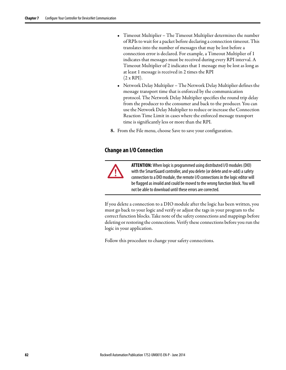 Change an i/o connection | Rockwell Automation 1752-L24BBBE SmartGuard 600 Controllers User Manual User Manual | Page 82 / 290