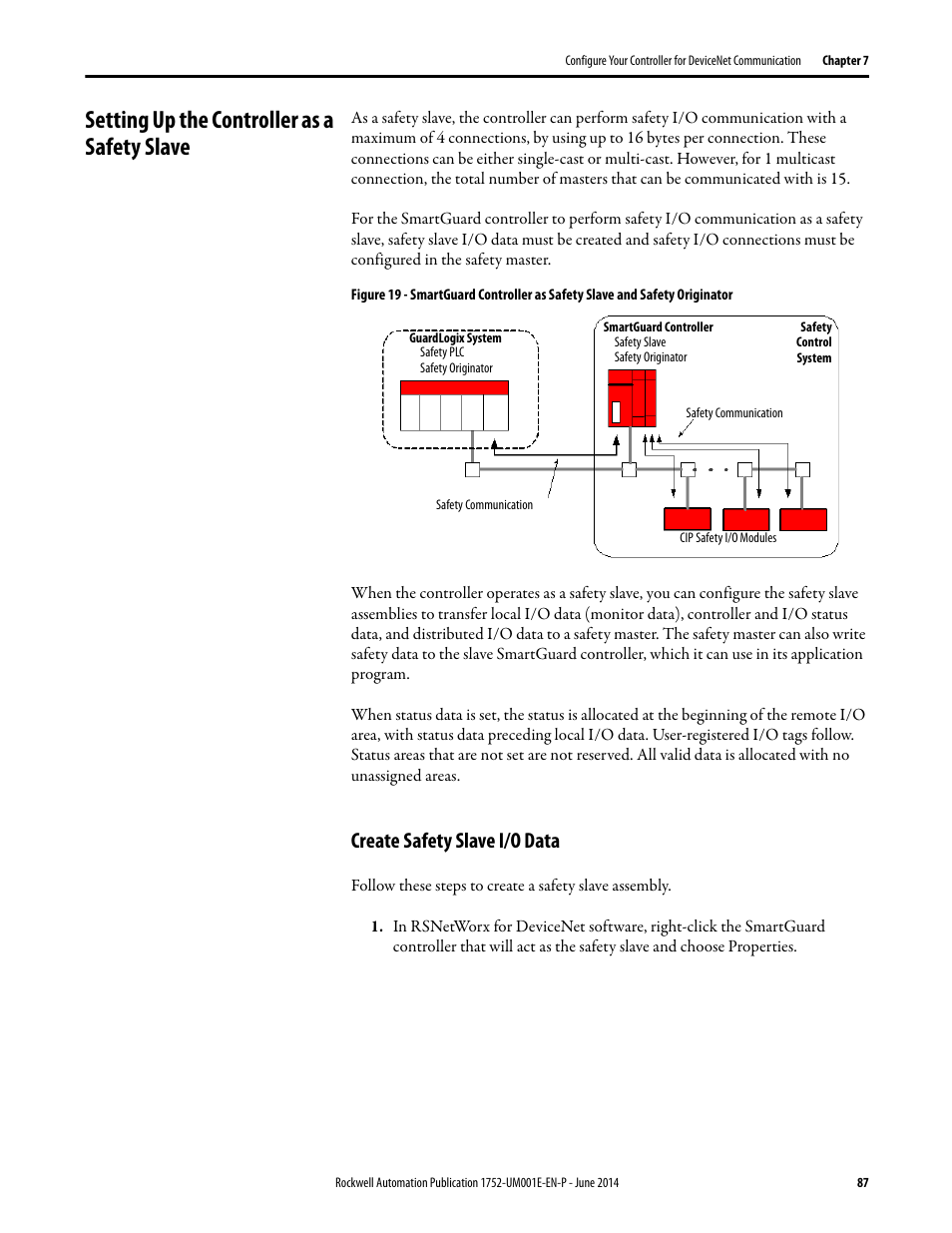Setting up the controller as a safety slave, Create safety slave i/o data | Rockwell Automation 1752-L24BBBE SmartGuard 600 Controllers User Manual User Manual | Page 87 / 290