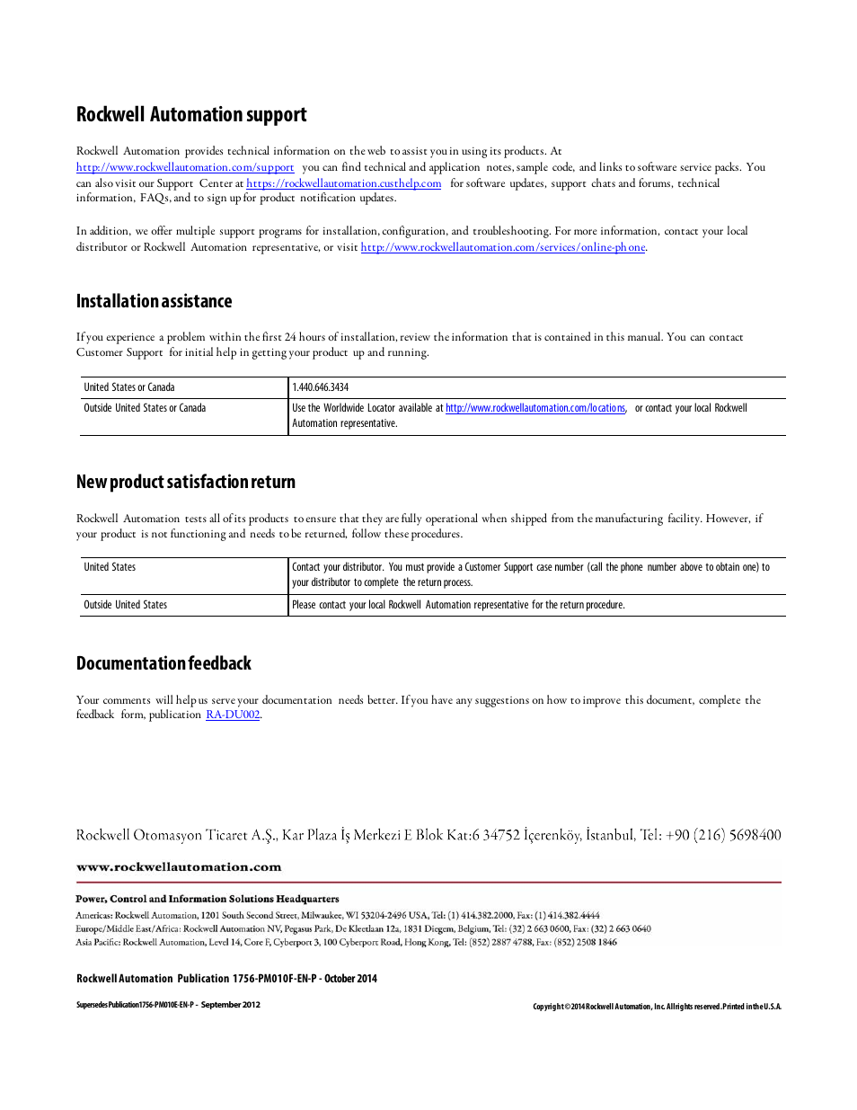 Rockwell automation support, Installation assistance, New product satisfaction return | Documentation feedback | Rockwell Automation Logix5000 Controllers Add-on Instructions Programming Manual User Manual | Page 104 / 104