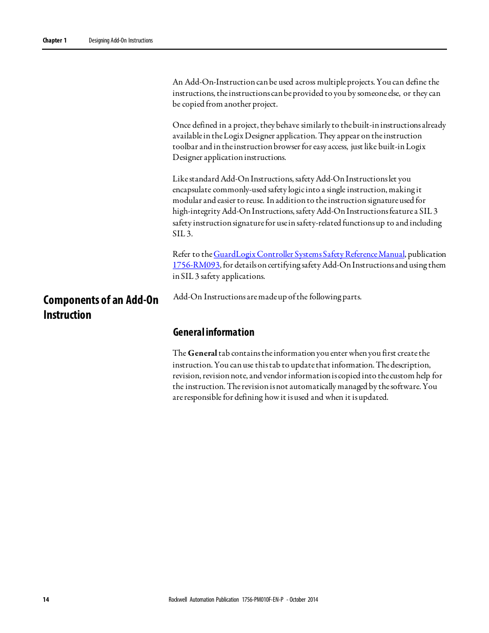 Components of an add-on instruction, General information | Rockwell Automation Logix5000 Controllers Add-on Instructions Programming Manual User Manual | Page 14 / 104