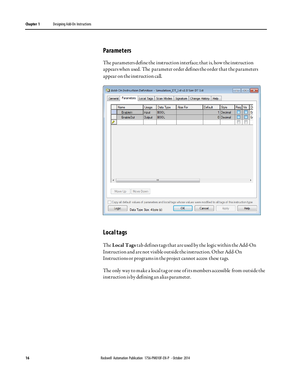 Parameters, Local tags | Rockwell Automation Logix5000 Controllers Add-on Instructions Programming Manual User Manual | Page 16 / 104