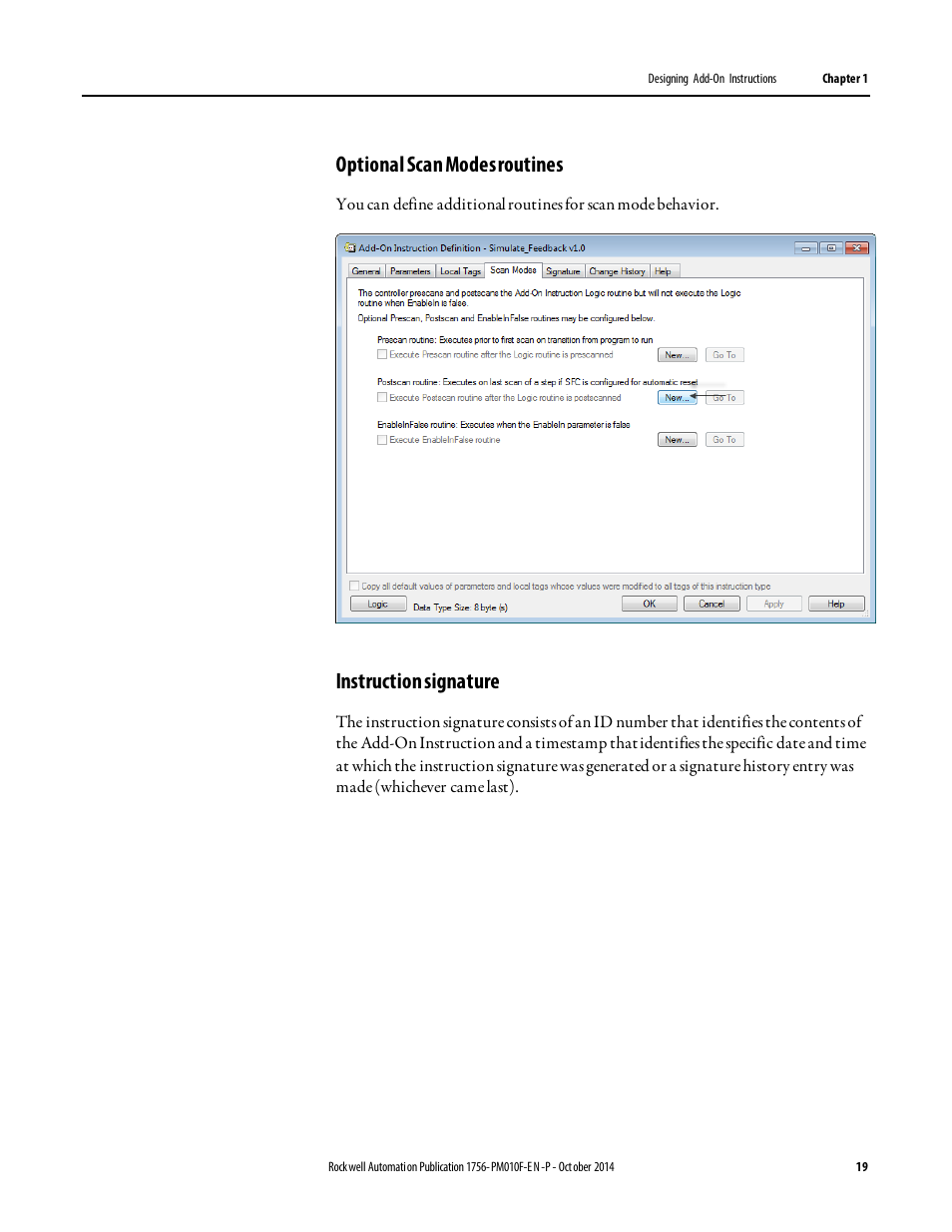 Optional scan modes routines, Instruction signature | Rockwell Automation Logix5000 Controllers Add-on Instructions Programming Manual User Manual | Page 19 / 104
