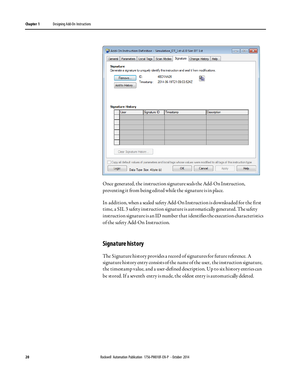 Signature history | Rockwell Automation Logix5000 Controllers Add-on Instructions Programming Manual User Manual | Page 20 / 104