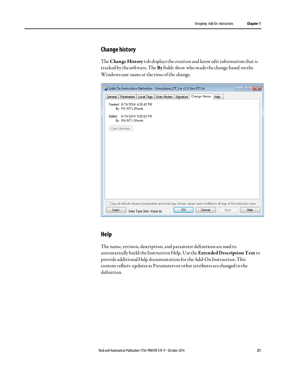 Change history, Help | Rockwell Automation Logix5000 Controllers Add-on Instructions Programming Manual User Manual | Page 21 / 104