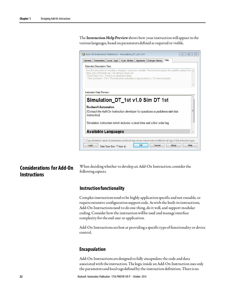 Considerations for add-on instructions, Instruction functionality, Encapsulation | Rockwell Automation Logix5000 Controllers Add-on Instructions Programming Manual User Manual | Page 22 / 104