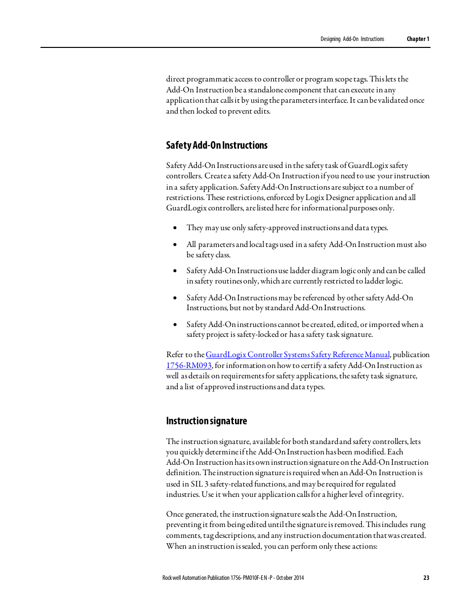 Safety add-on instructions, Instruction signature | Rockwell Automation Logix5000 Controllers Add-on Instructions Programming Manual User Manual | Page 23 / 104