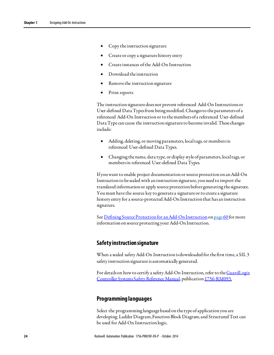 Safety instruction signature, Programming languages | Rockwell Automation Logix5000 Controllers Add-on Instructions Programming Manual User Manual | Page 24 / 104