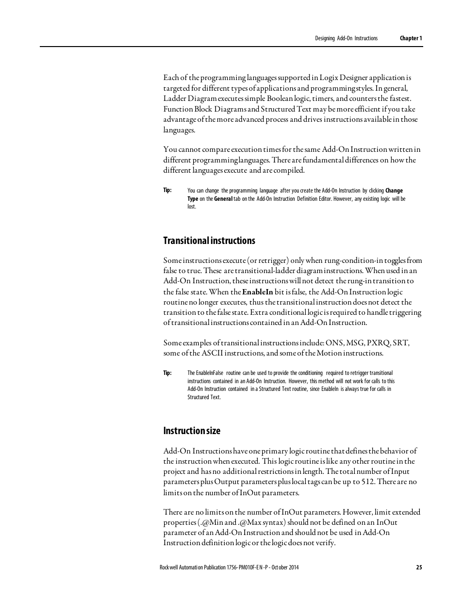 Transitional instructions, Instruction size | Rockwell Automation Logix5000 Controllers Add-on Instructions Programming Manual User Manual | Page 25 / 104