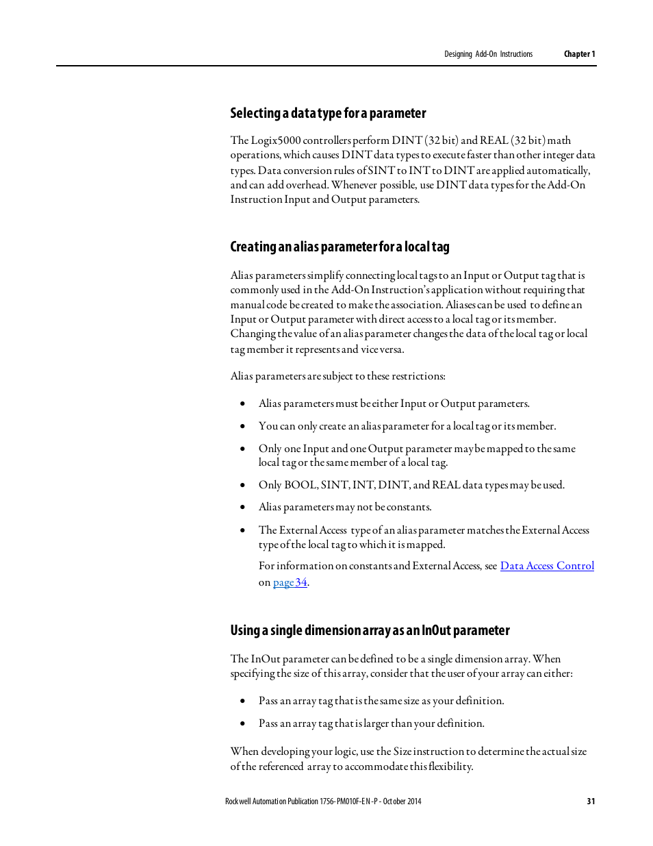 Selecting a data type for a parameter, Creating an alias parameter for a local tag | Rockwell Automation Logix5000 Controllers Add-on Instructions Programming Manual User Manual | Page 31 / 104