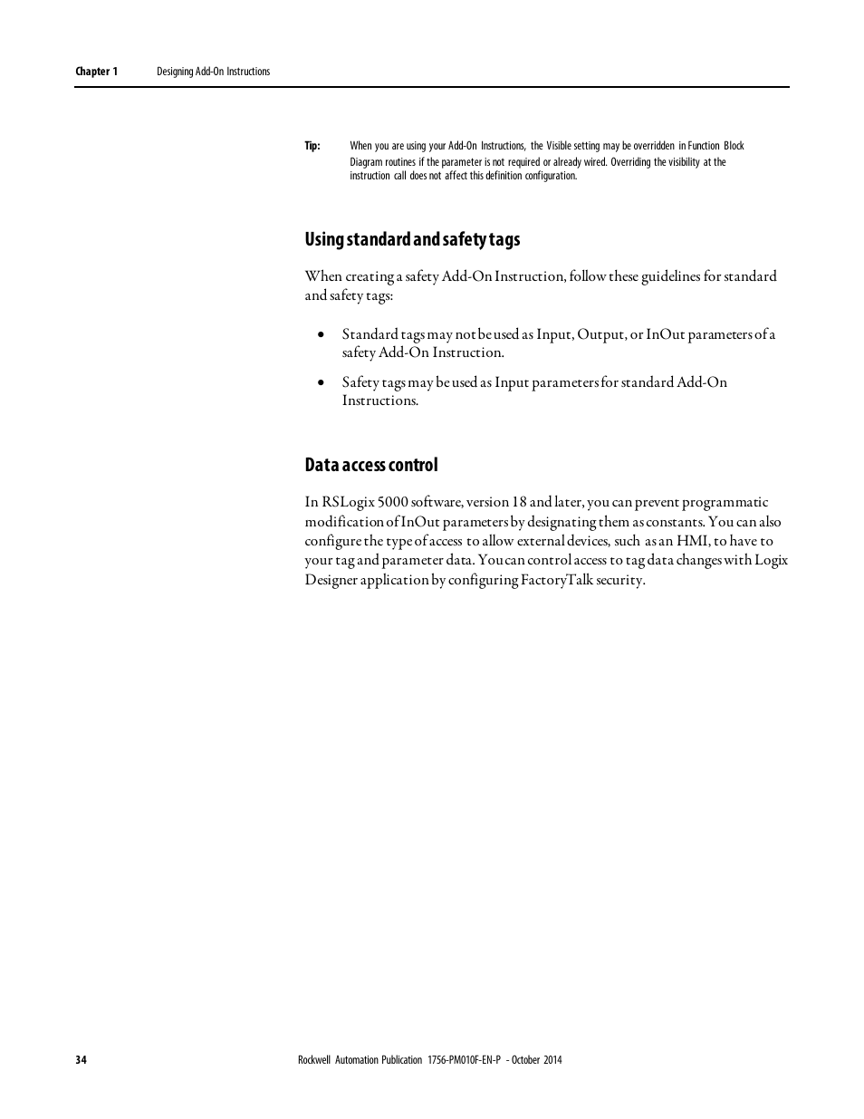 Using standard and safety tags, Data access control | Rockwell Automation Logix5000 Controllers Add-on Instructions Programming Manual User Manual | Page 34 / 104