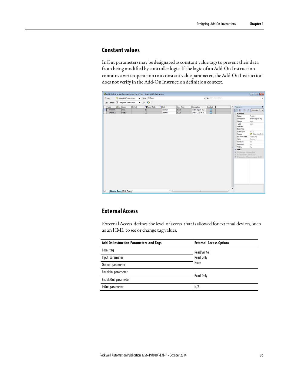 Constant values, External access | Rockwell Automation Logix5000 Controllers Add-on Instructions Programming Manual User Manual | Page 35 / 104