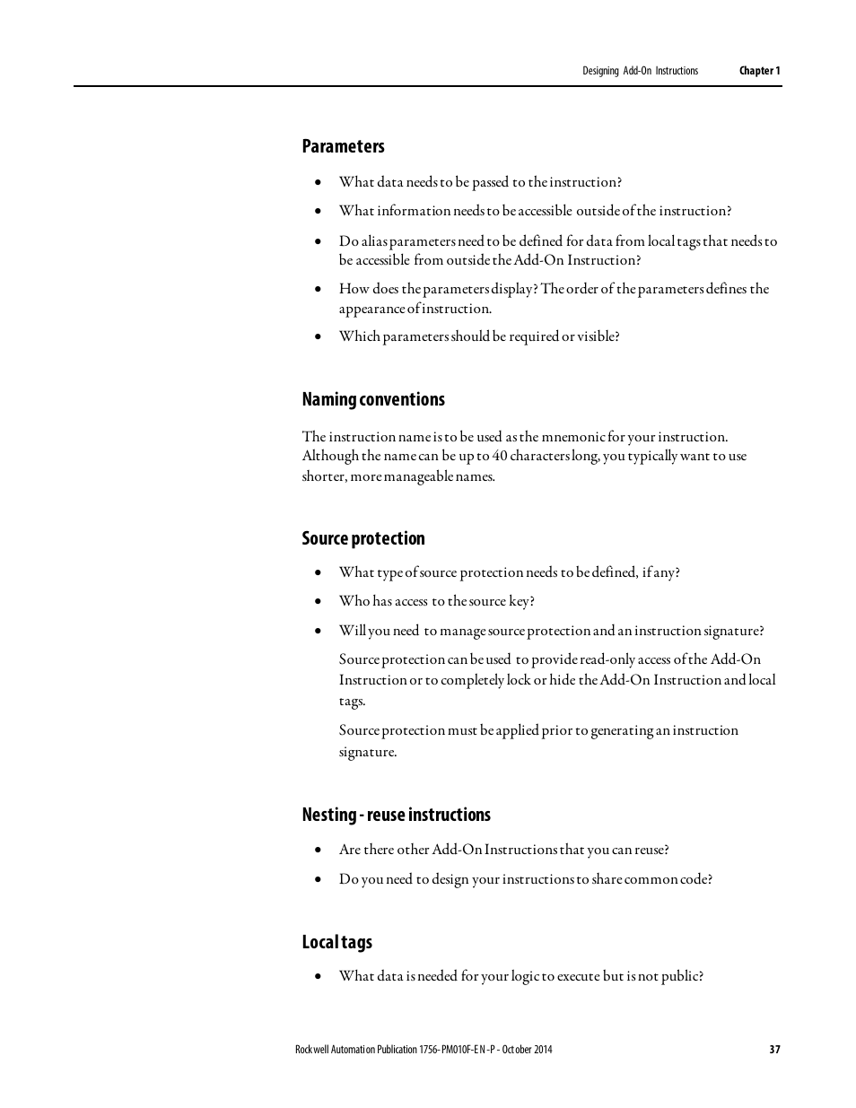 Parameters, Naming conventions, Source protection | Nesting - reuse instructions, Local tags | Rockwell Automation Logix5000 Controllers Add-on Instructions Programming Manual User Manual | Page 37 / 104