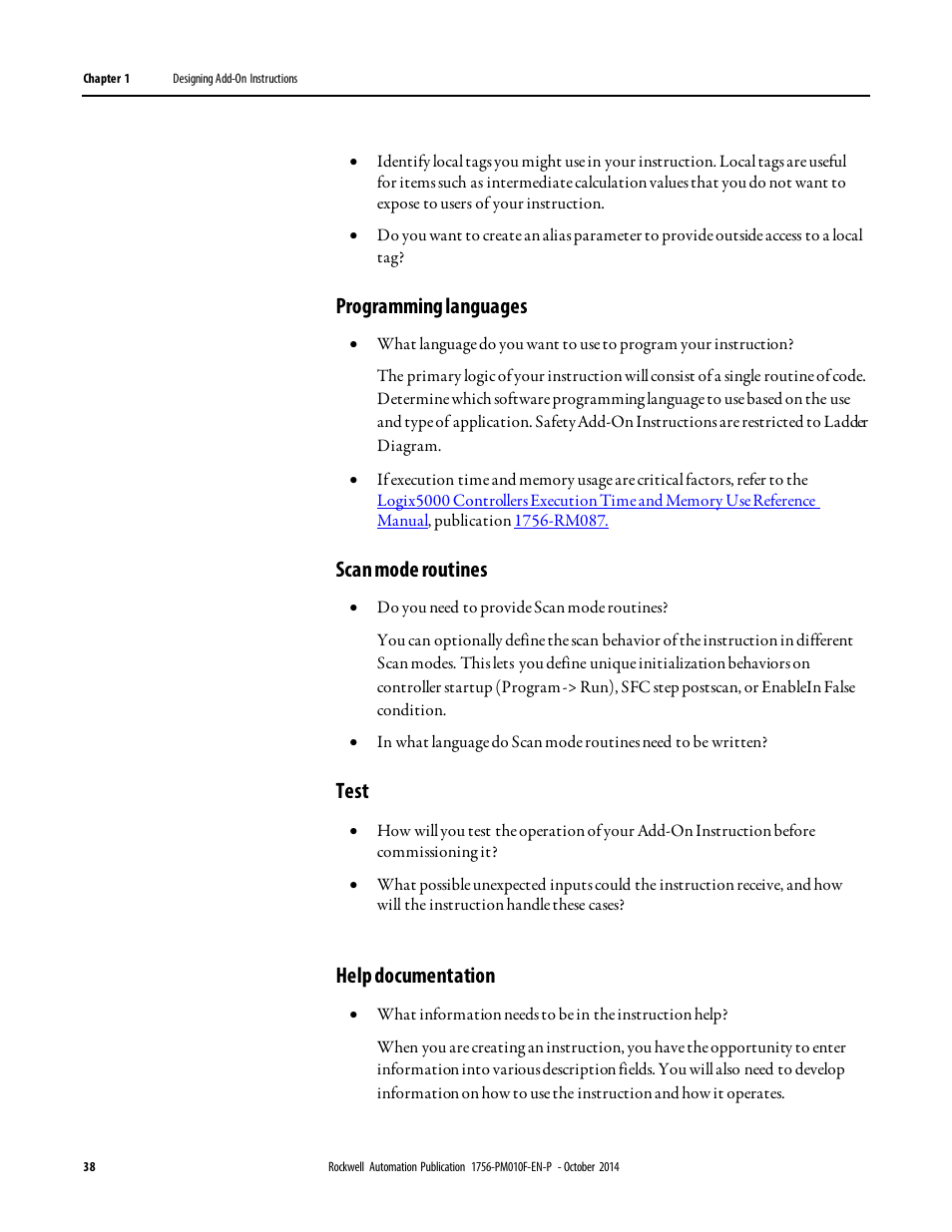 Programming languages, Scan mode routines, Test | Help documentation | Rockwell Automation Logix5000 Controllers Add-on Instructions Programming Manual User Manual | Page 38 / 104