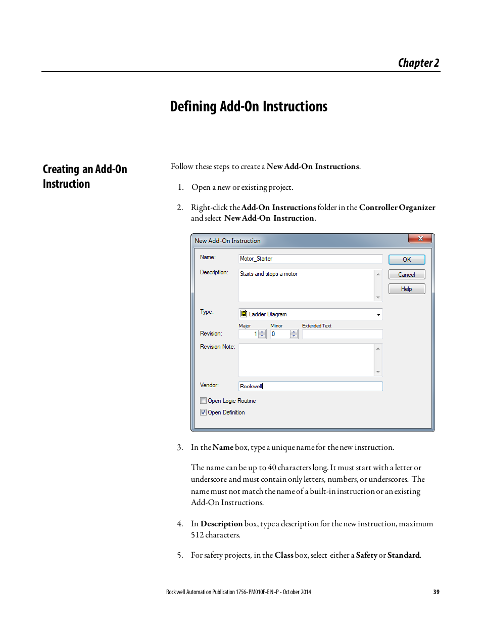 Defining add-on instructions, Creating an add-on instruction, Chapter 2 | Rockwell Automation Logix5000 Controllers Add-on Instructions Programming Manual User Manual | Page 39 / 104