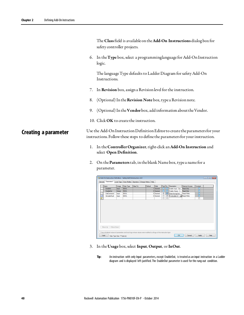 Creating a parameter | Rockwell Automation Logix5000 Controllers Add-on Instructions Programming Manual User Manual | Page 40 / 104