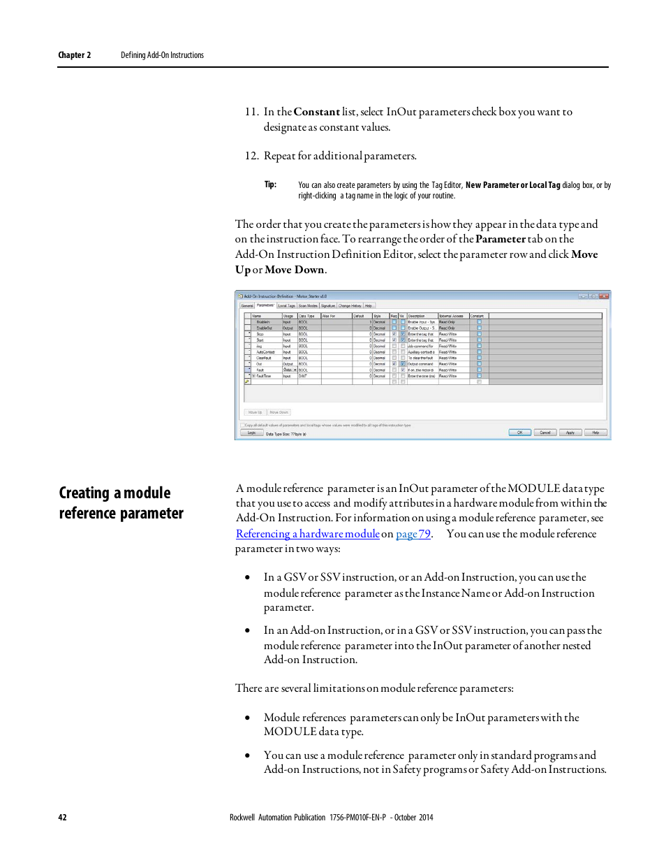 Creating a module reference parameter | Rockwell Automation Logix5000 Controllers Add-on Instructions Programming Manual User Manual | Page 42 / 104