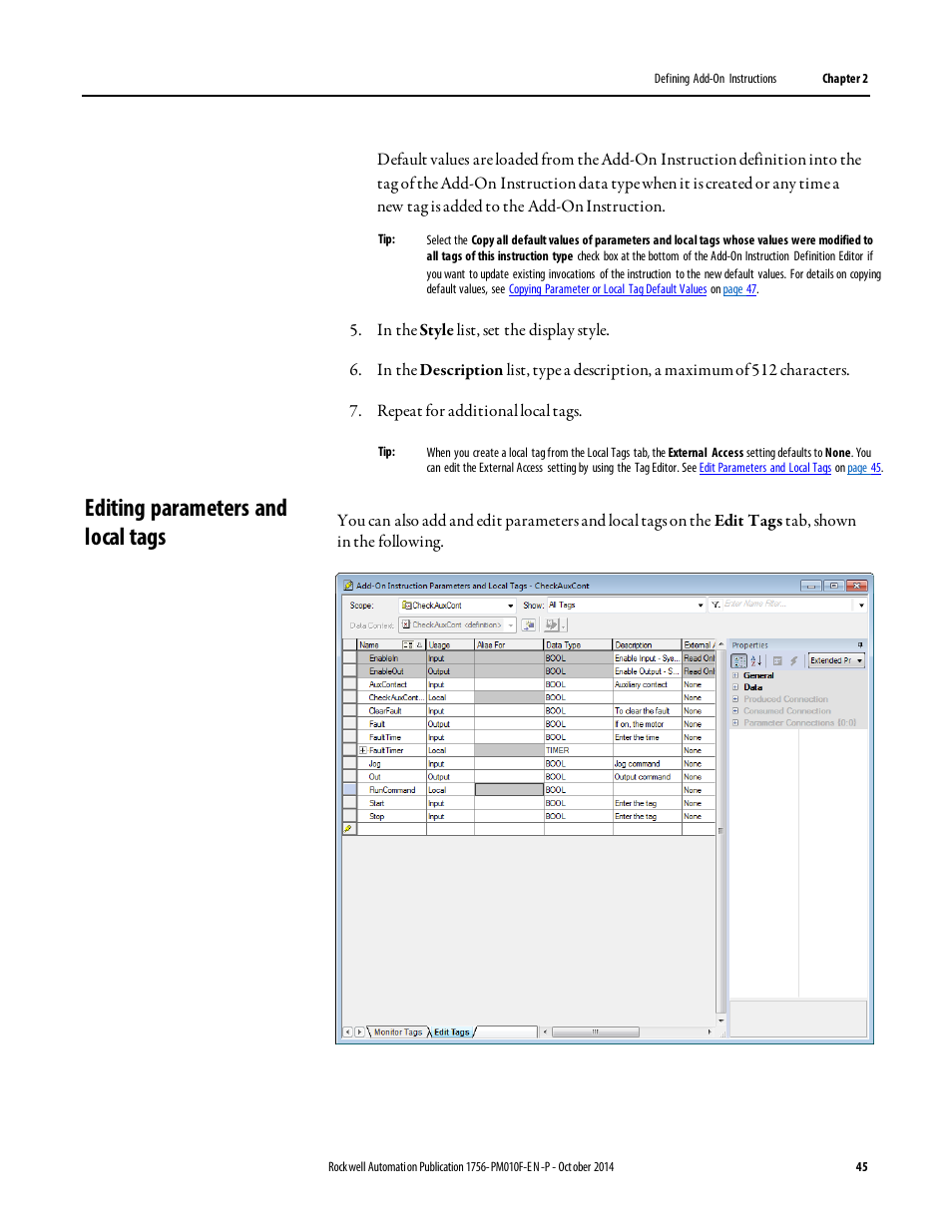 Editing parameters and local tags, Edit parameters, And local tags | Rockwell Automation Logix5000 Controllers Add-on Instructions Programming Manual User Manual | Page 45 / 104