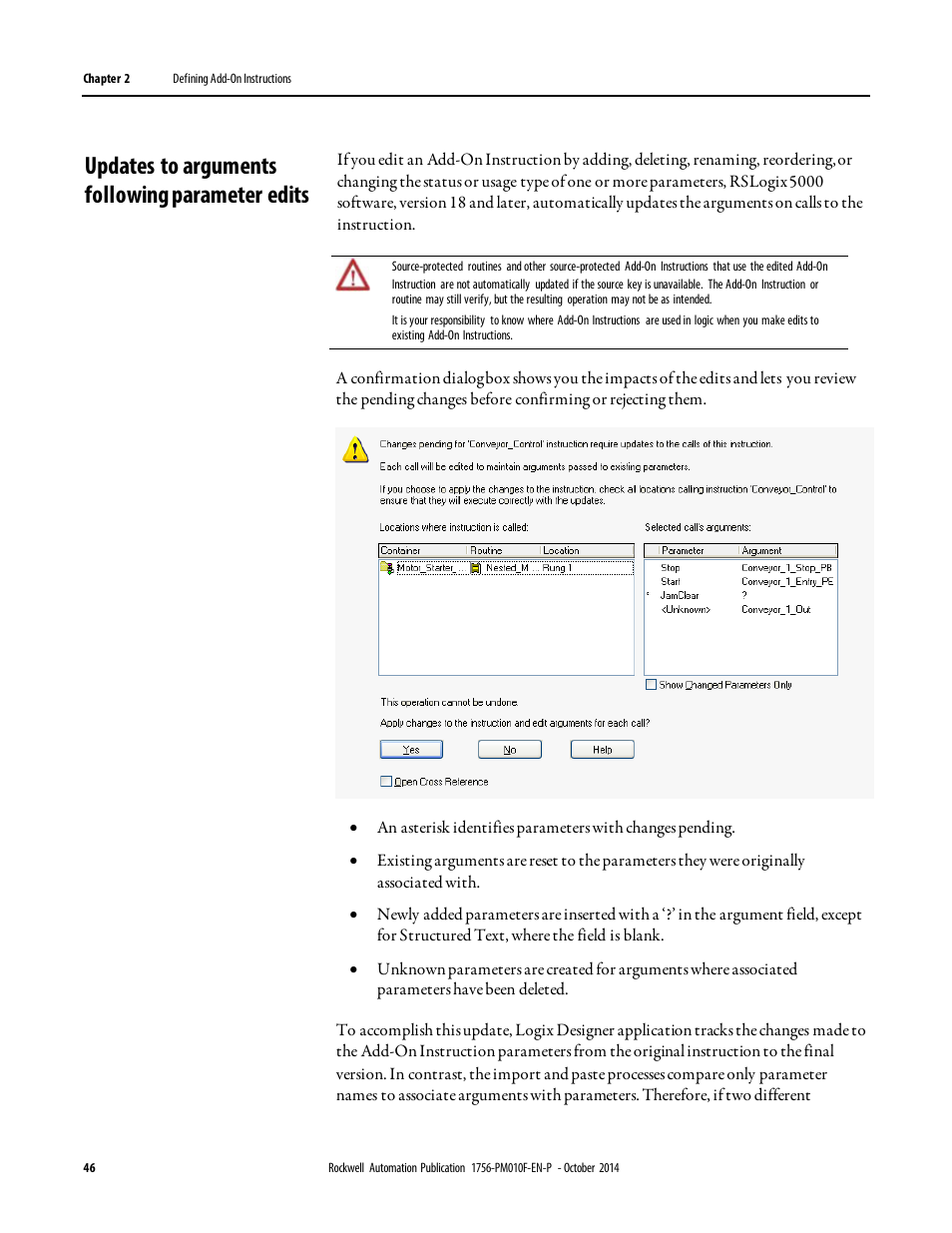 Updates to arguments following parameter edits | Rockwell Automation Logix5000 Controllers Add-on Instructions Programming Manual User Manual | Page 46 / 104