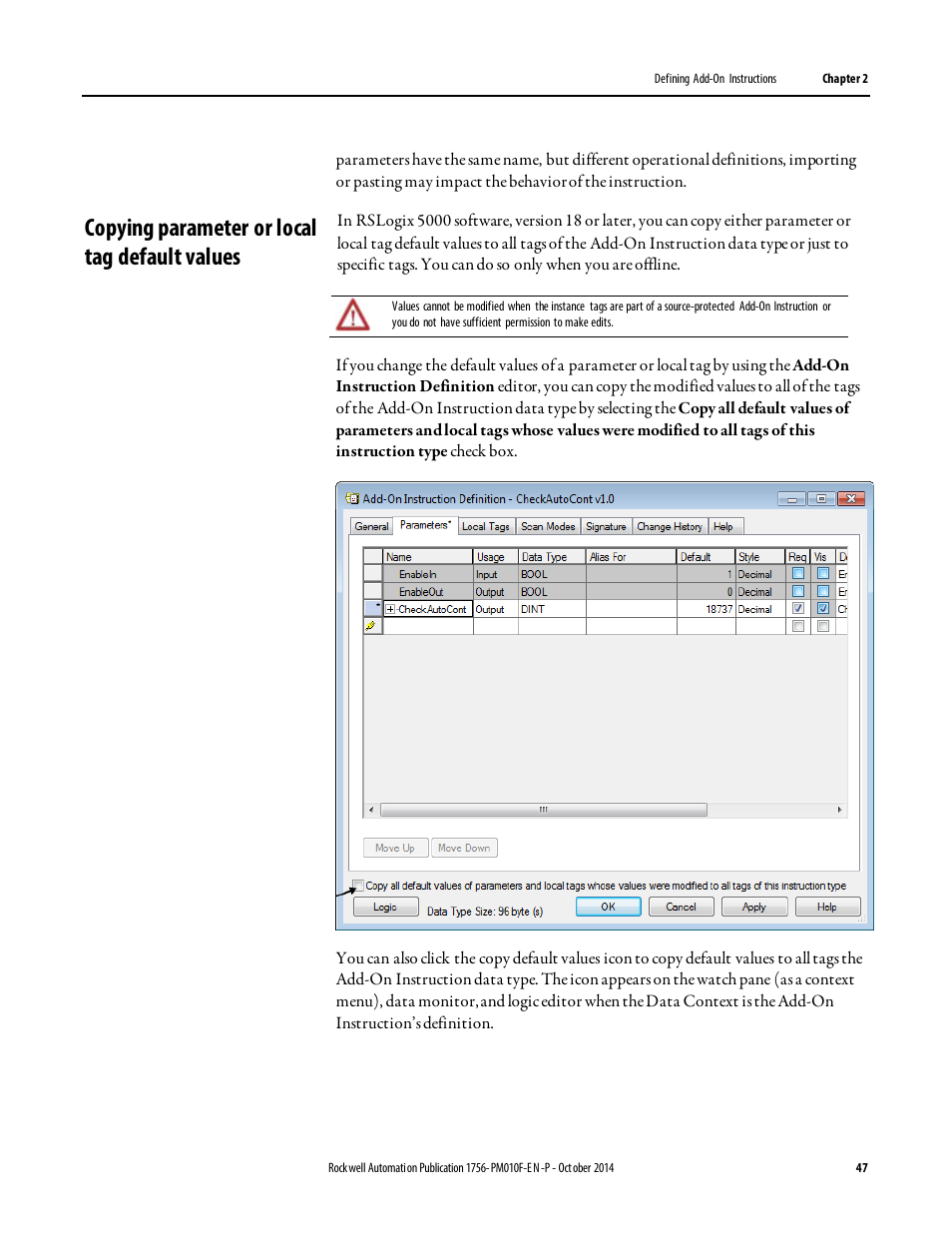 Copying parameter or local tag default values | Rockwell Automation Logix5000 Controllers Add-on Instructions Programming Manual User Manual | Page 47 / 104