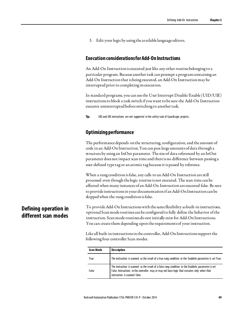 Defining operation in different scan modes, Execution considerations for add-on instructions, Optimizing performance | Rockwell Automation Logix5000 Controllers Add-on Instructions Programming Manual User Manual | Page 49 / 104