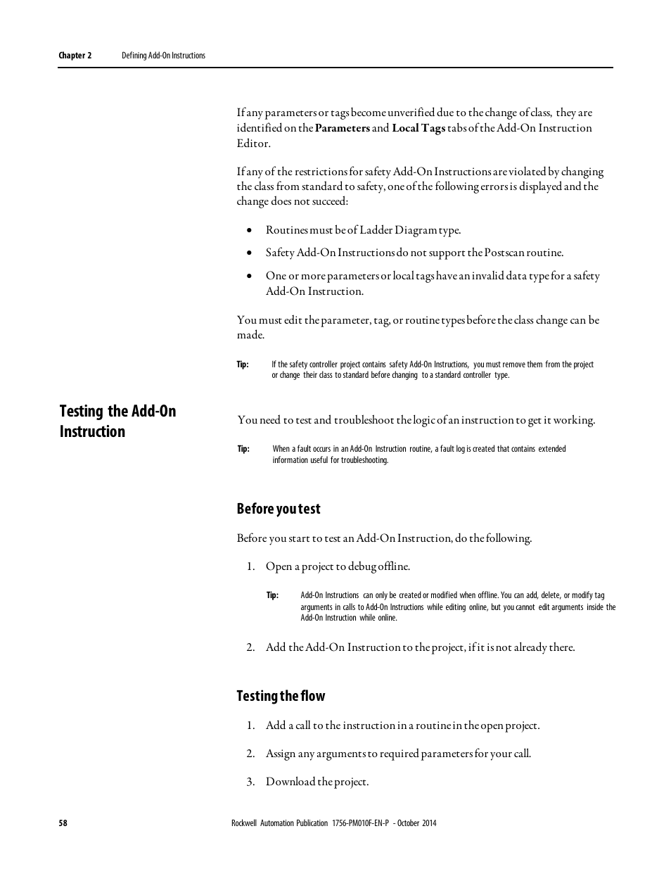 Testing the add-on instruction, Before you test, Testing the flow | Rockwell Automation Logix5000 Controllers Add-on Instructions Programming Manual User Manual | Page 58 / 104