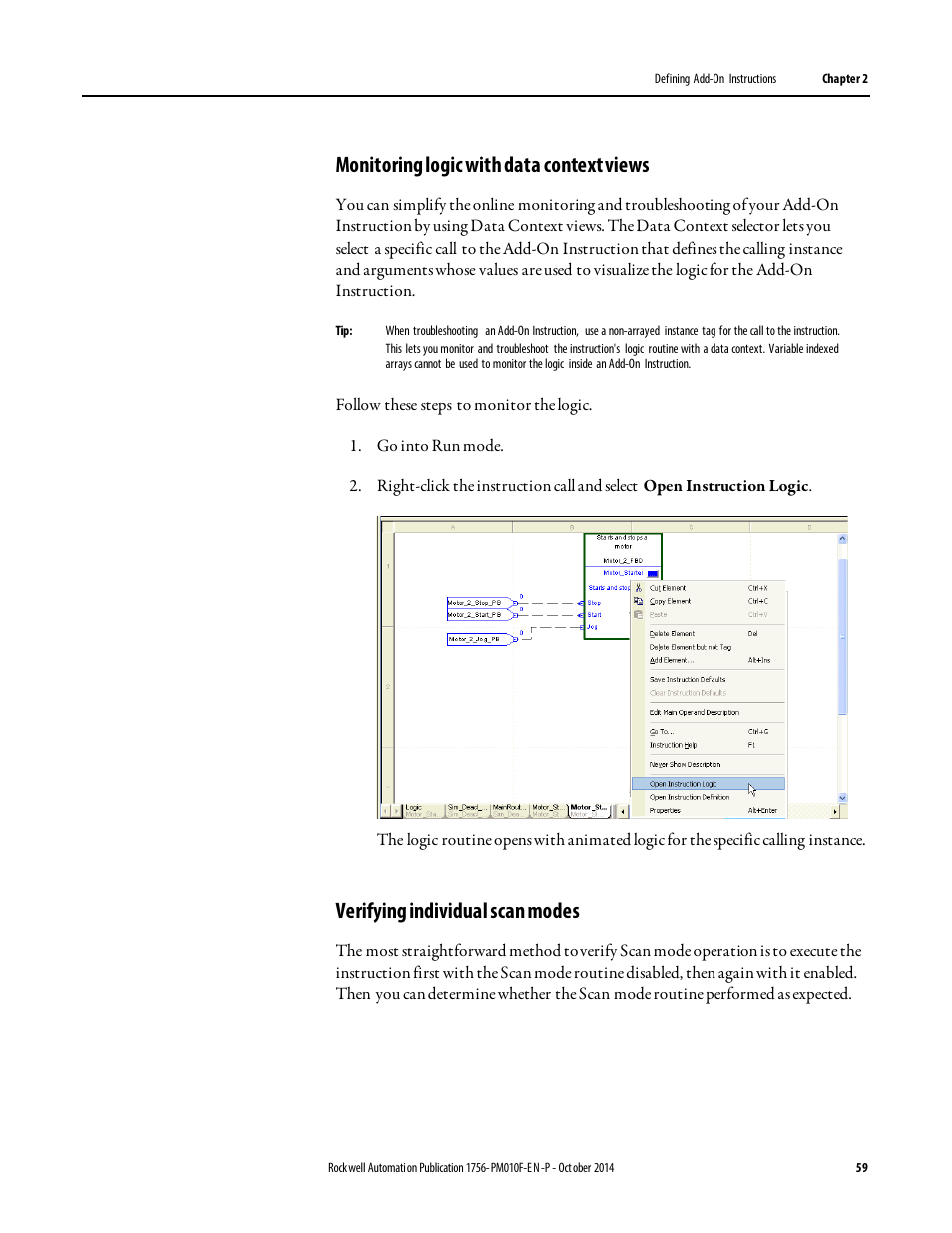 Monitoring logic with data context views, Verifying individual scan modes | Rockwell Automation Logix5000 Controllers Add-on Instructions Programming Manual User Manual | Page 59 / 104