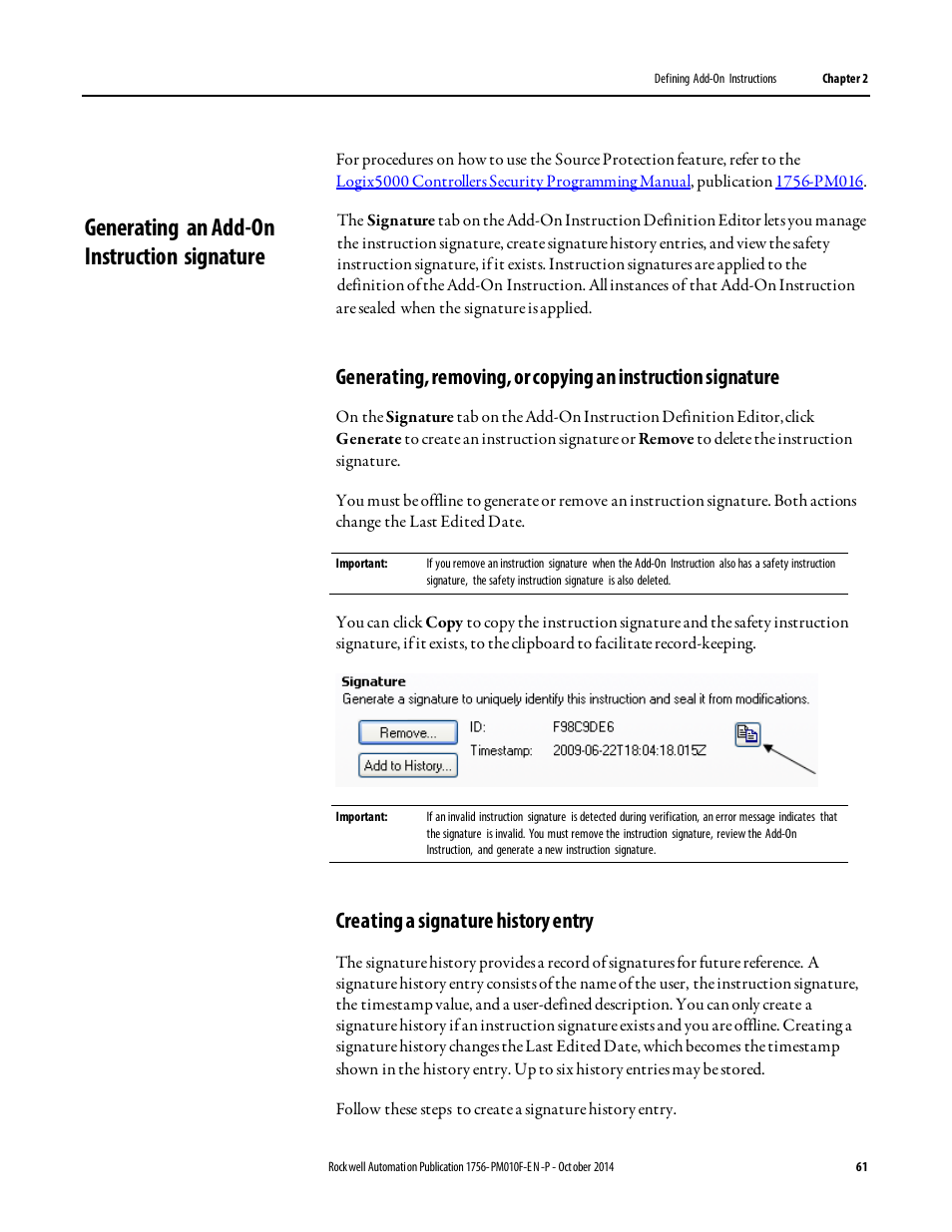 Generating an add-on instruction signature, Creating a signature history entry | Rockwell Automation Logix5000 Controllers Add-on Instructions Programming Manual User Manual | Page 61 / 104