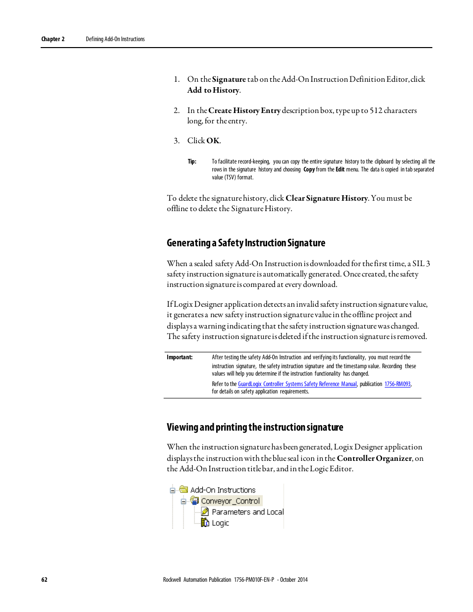 Generating a safety instruction signature, Viewing and printing the instruction signature | Rockwell Automation Logix5000 Controllers Add-on Instructions Programming Manual User Manual | Page 62 / 104