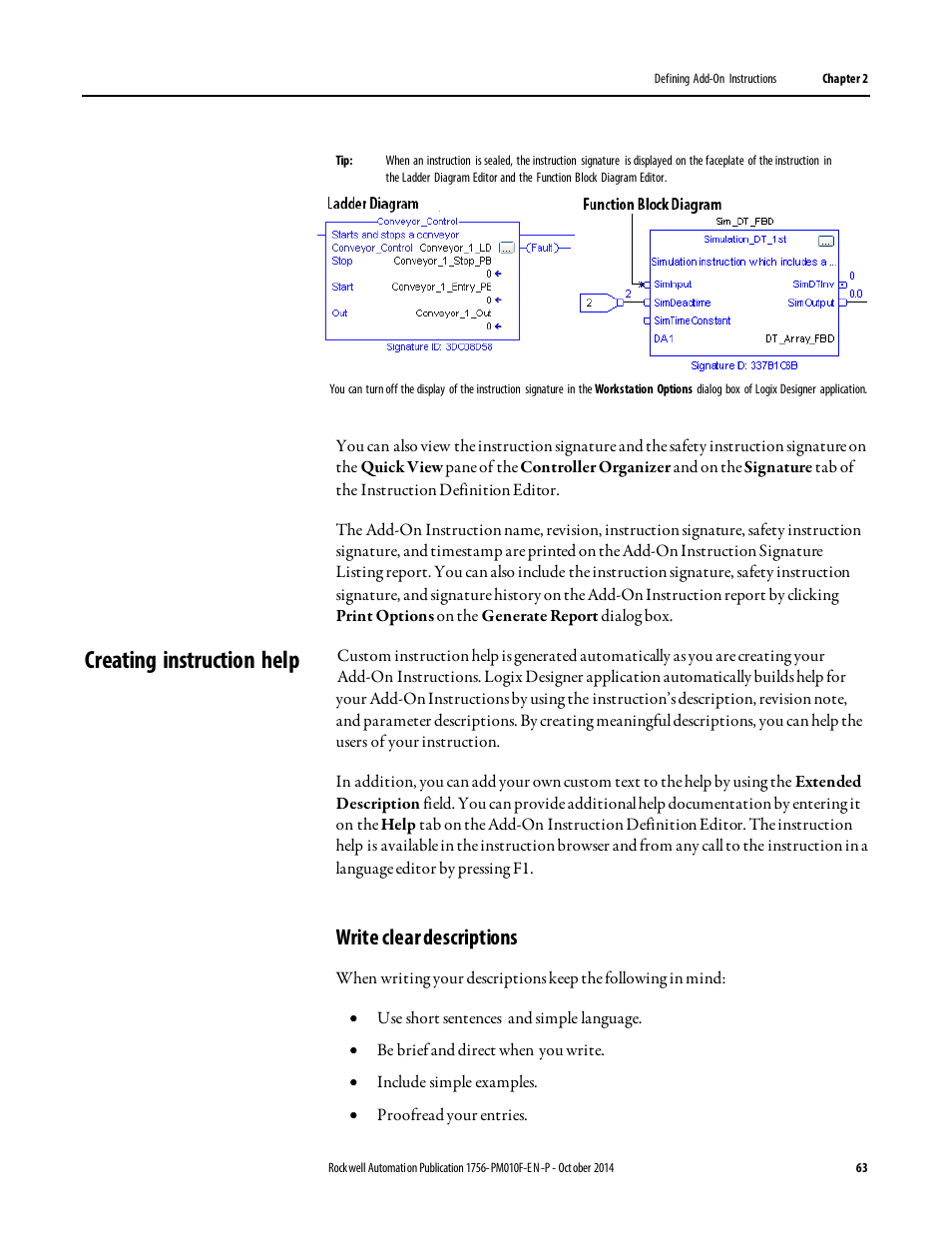 Creating instruction help, Write clear descriptions | Rockwell Automation Logix5000 Controllers Add-on Instructions Programming Manual User Manual | Page 63 / 104