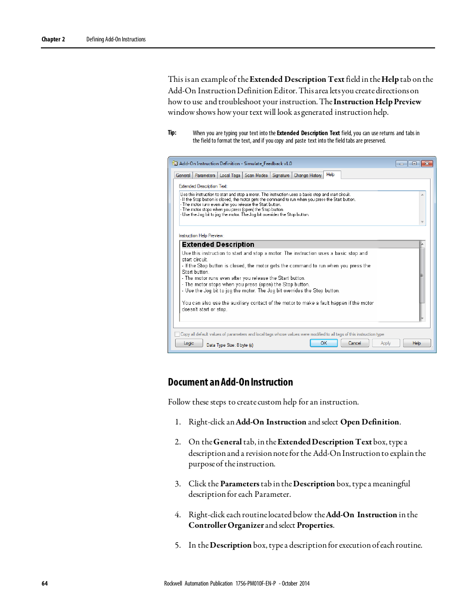 Document an add-on instruction | Rockwell Automation Logix5000 Controllers Add-on Instructions Programming Manual User Manual | Page 64 / 104