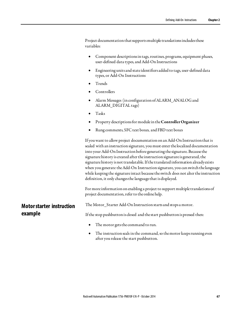 Motor starter instruction example | Rockwell Automation Logix5000 Controllers Add-on Instructions Programming Manual User Manual | Page 67 / 104