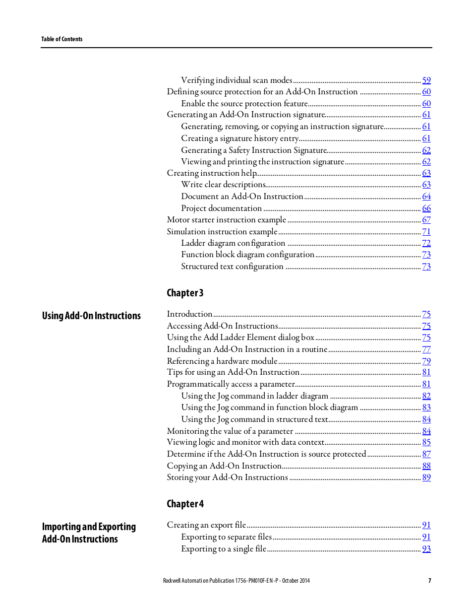 Chapter 3, Chapter 4, Using add-on instructions | Importing and exporting add-on instructions | Rockwell Automation Logix5000 Controllers Add-on Instructions Programming Manual User Manual | Page 7 / 104